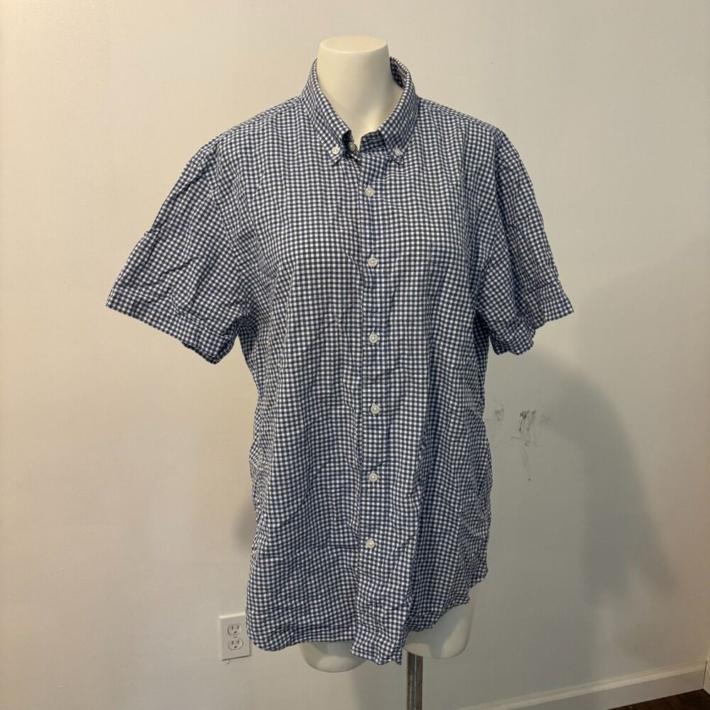 J. Crew Size Large Navy Gingham Print Short Sleeve Men's Button Down Preppy